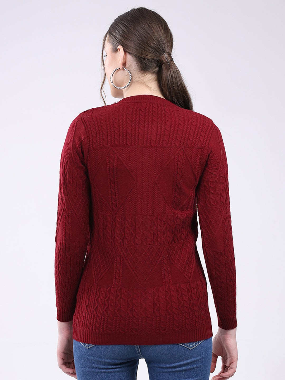 Women Maroon Self Design Round Neck Full Sleeve Cardigan