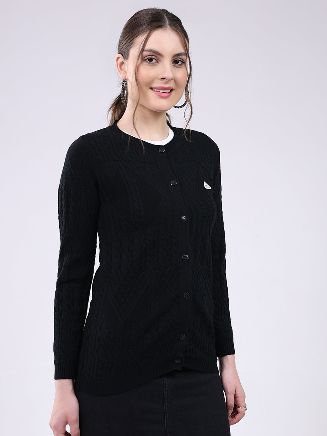 Women Black Self Design Round Neck Full Sleeve Cardigan