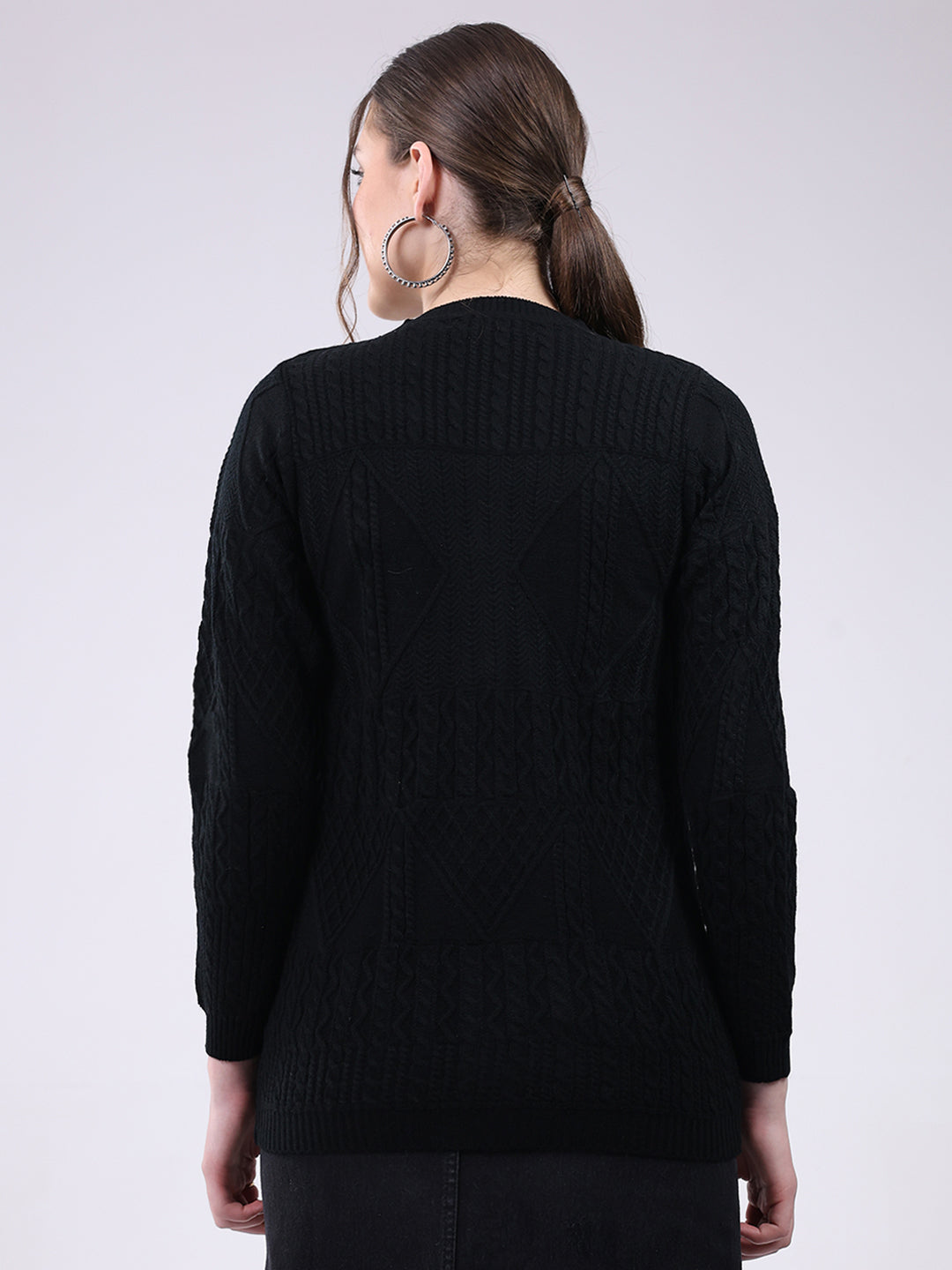 Women Black Self Design Round Neck Full Sleeve Cardigan
