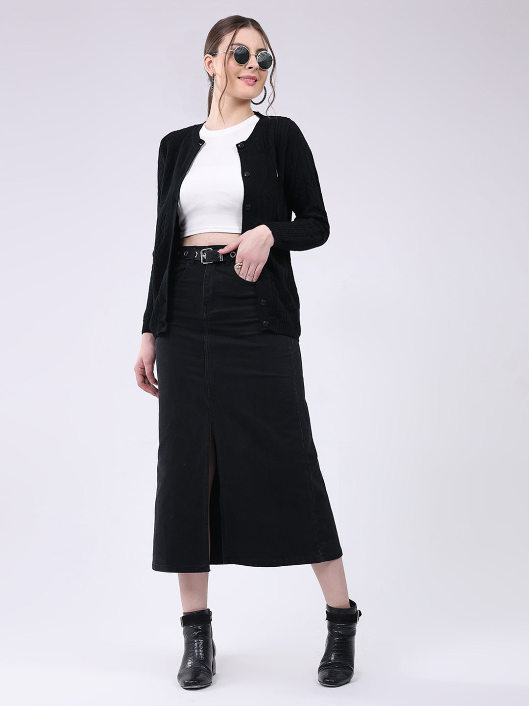 Women Black Self Design Round Neck Full Sleeve Cardigan