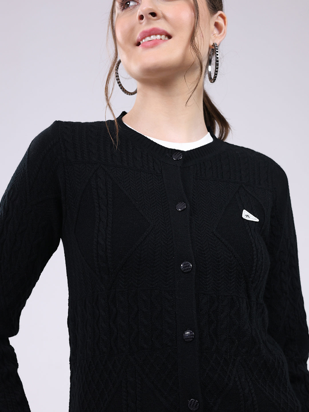 Women Black Self Design Round Neck Full Sleeve Cardigan