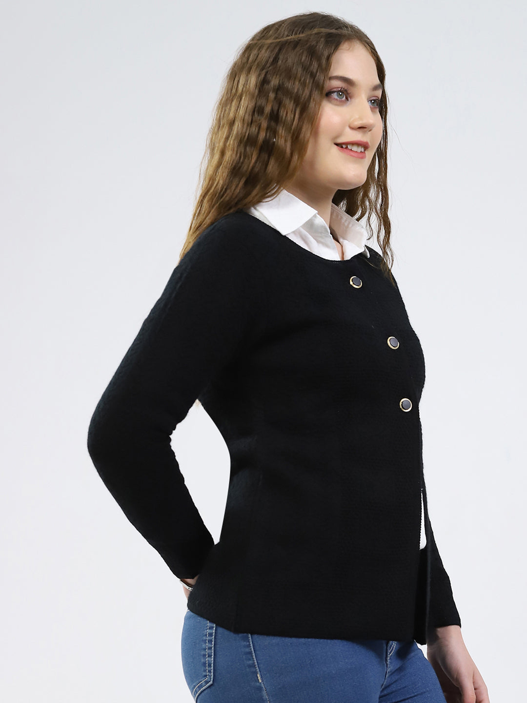 Women Black Self Design Round Neck Full Sleeve Cardigan