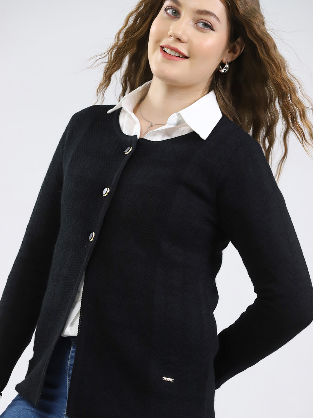 Women Black Self Design Round Neck Full Sleeve Cardigan