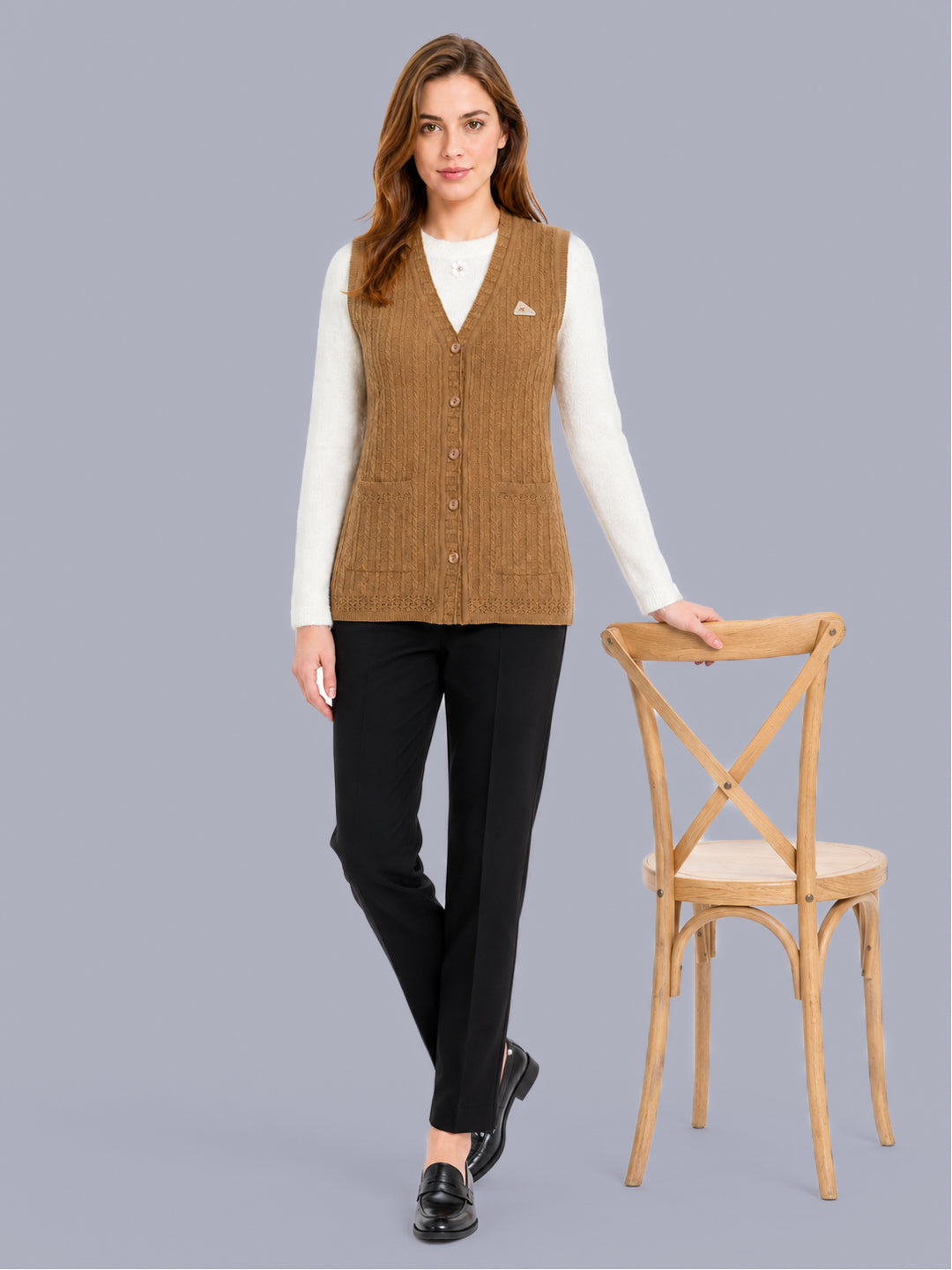 Women Camel Brown Self Design V Neck Sleeveless Cardigan