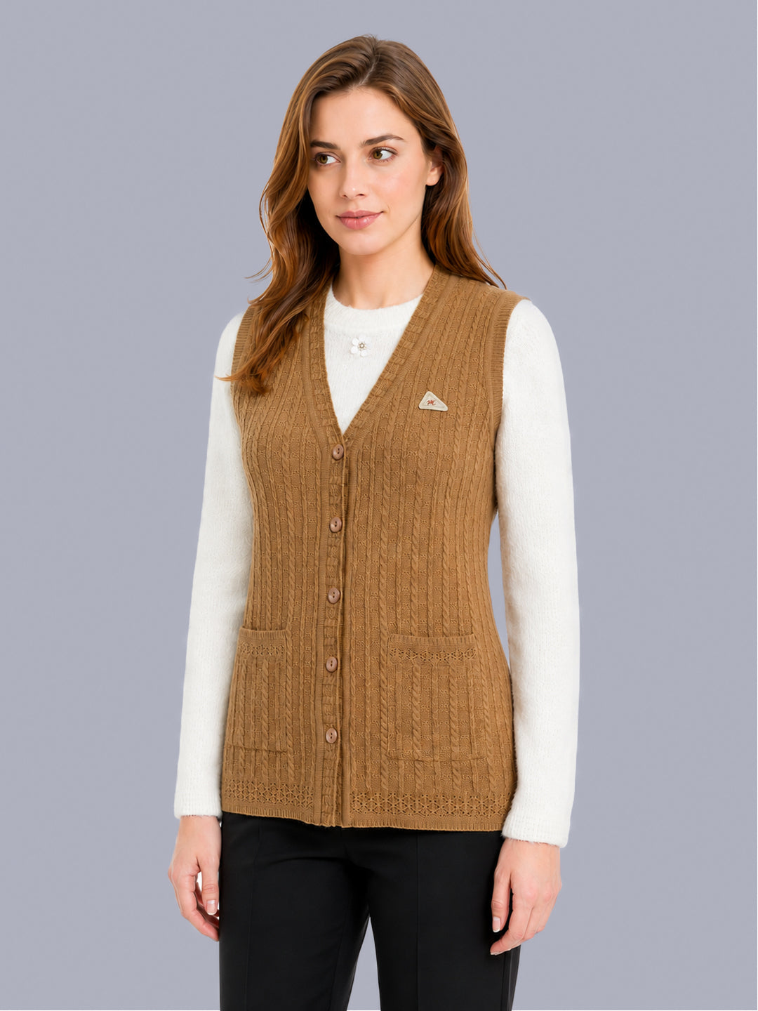 Women Camel Brown Self Design V Neck Sleeveless Cardigan