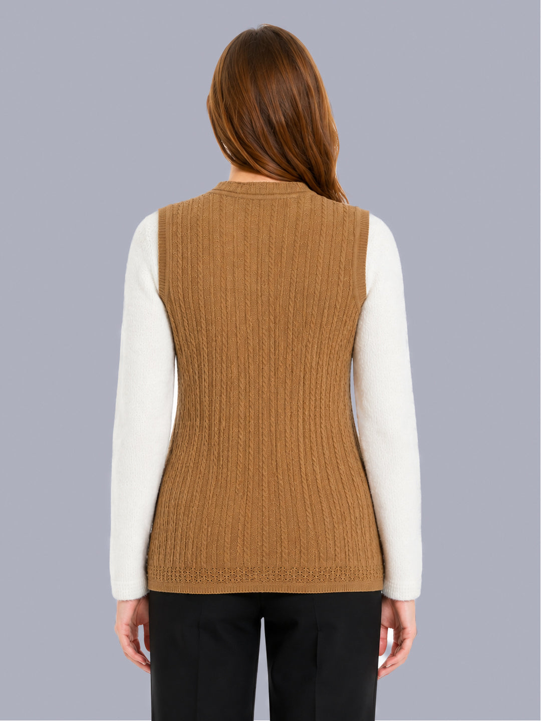 Women Camel Brown Self Design V Neck Sleeveless Cardigan