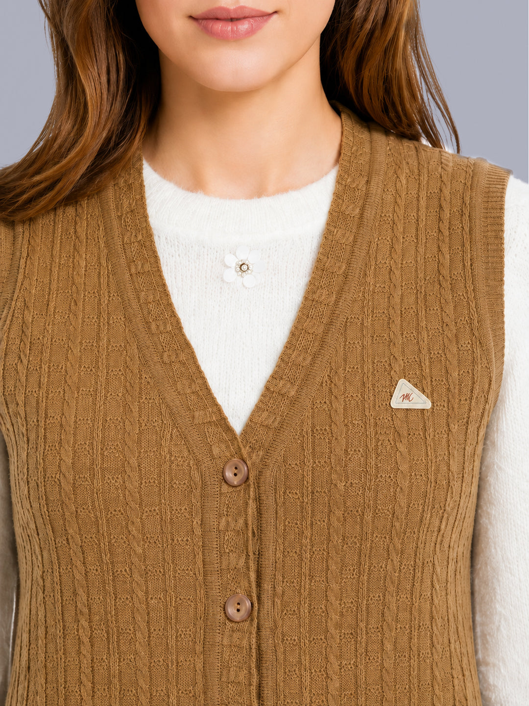 Women Camel Brown Self Design V Neck Sleeveless Cardigan