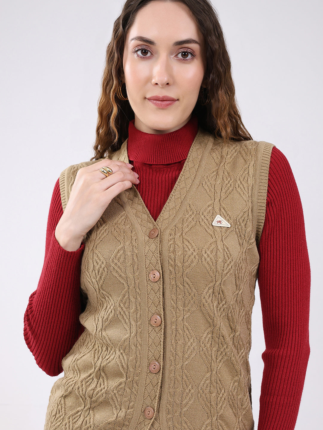 Women Camel Brown Self Design V Neck Sleeveless Cardigan