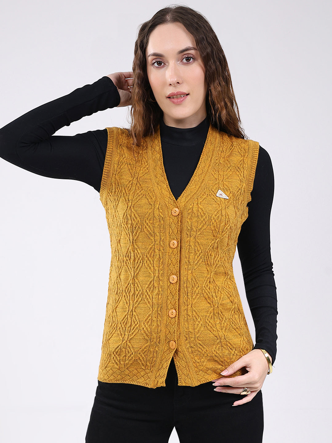 Women Mustard Self Design V Neck Sleeveless Cardigan