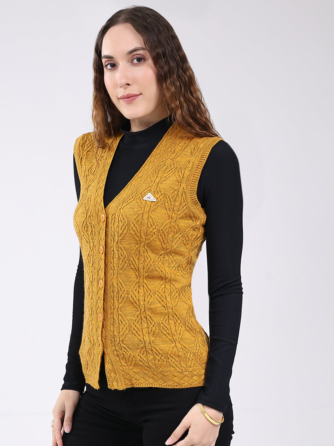 Women Mustard Self Design V Neck Sleeveless Cardigan
