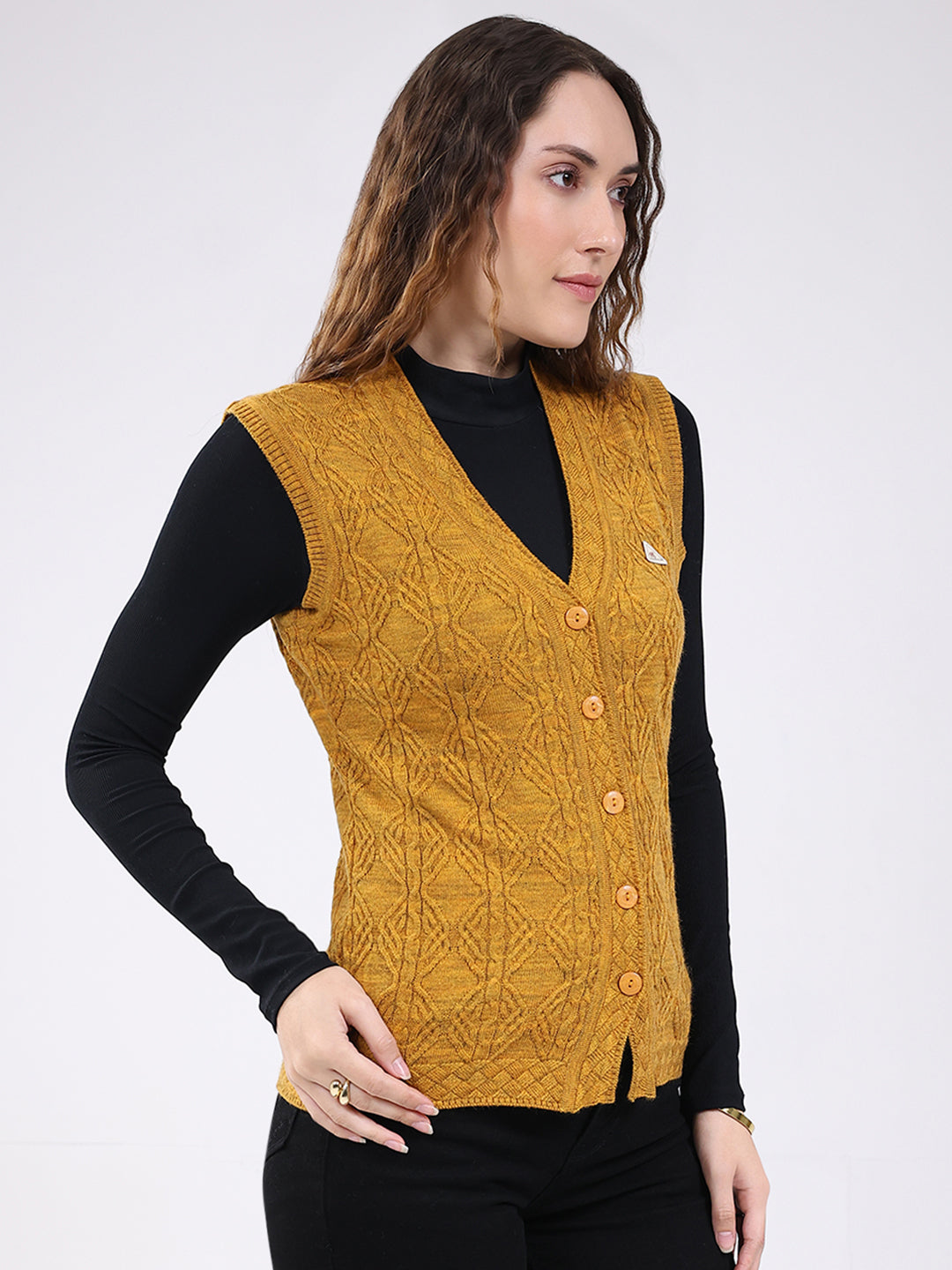 Women Mustard Self Design V Neck Sleeveless Cardigan