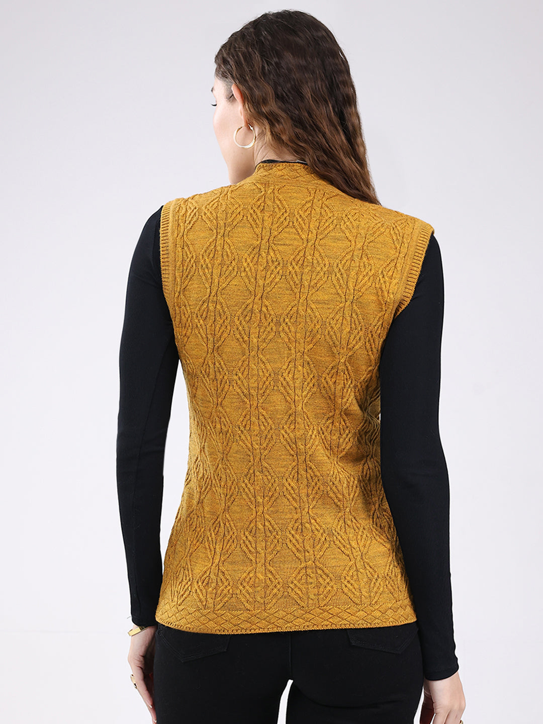 Women Mustard Self Design V Neck Sleeveless Cardigan