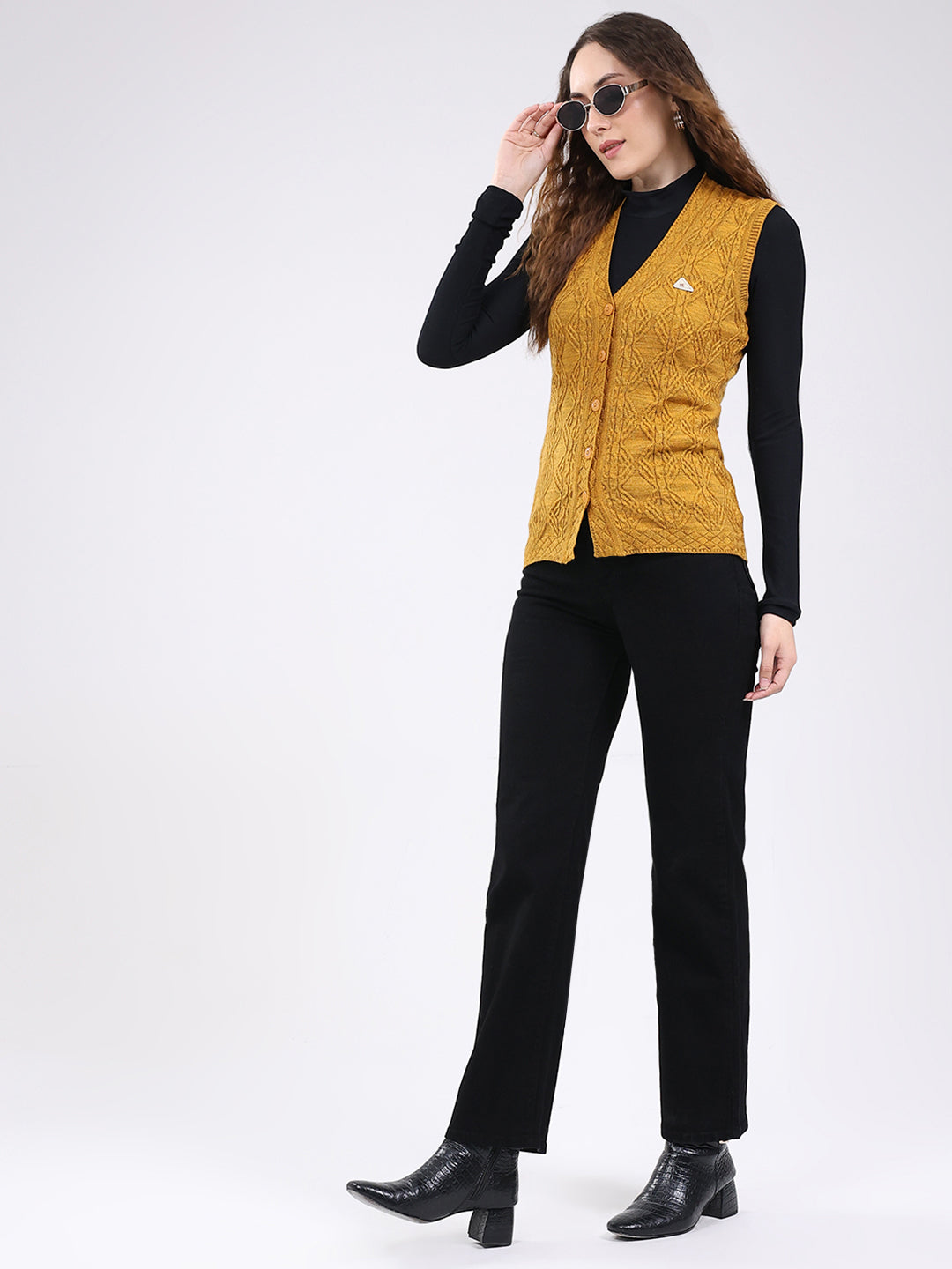 Women Mustard Self Design V Neck Sleeveless Cardigan
