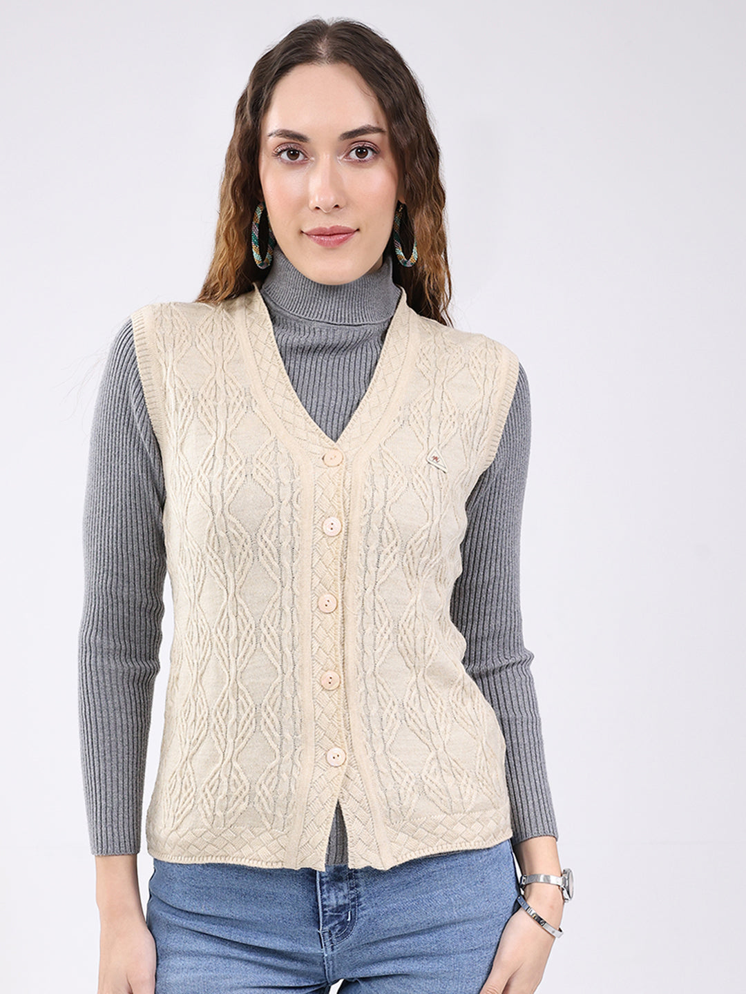 Women Beige Self Design V Neck Sleeveless Cardigan