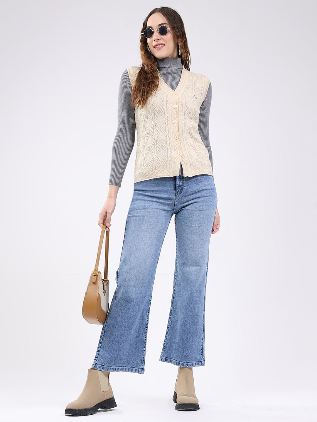 Women Beige Self Design V Neck Sleeveless Cardigan