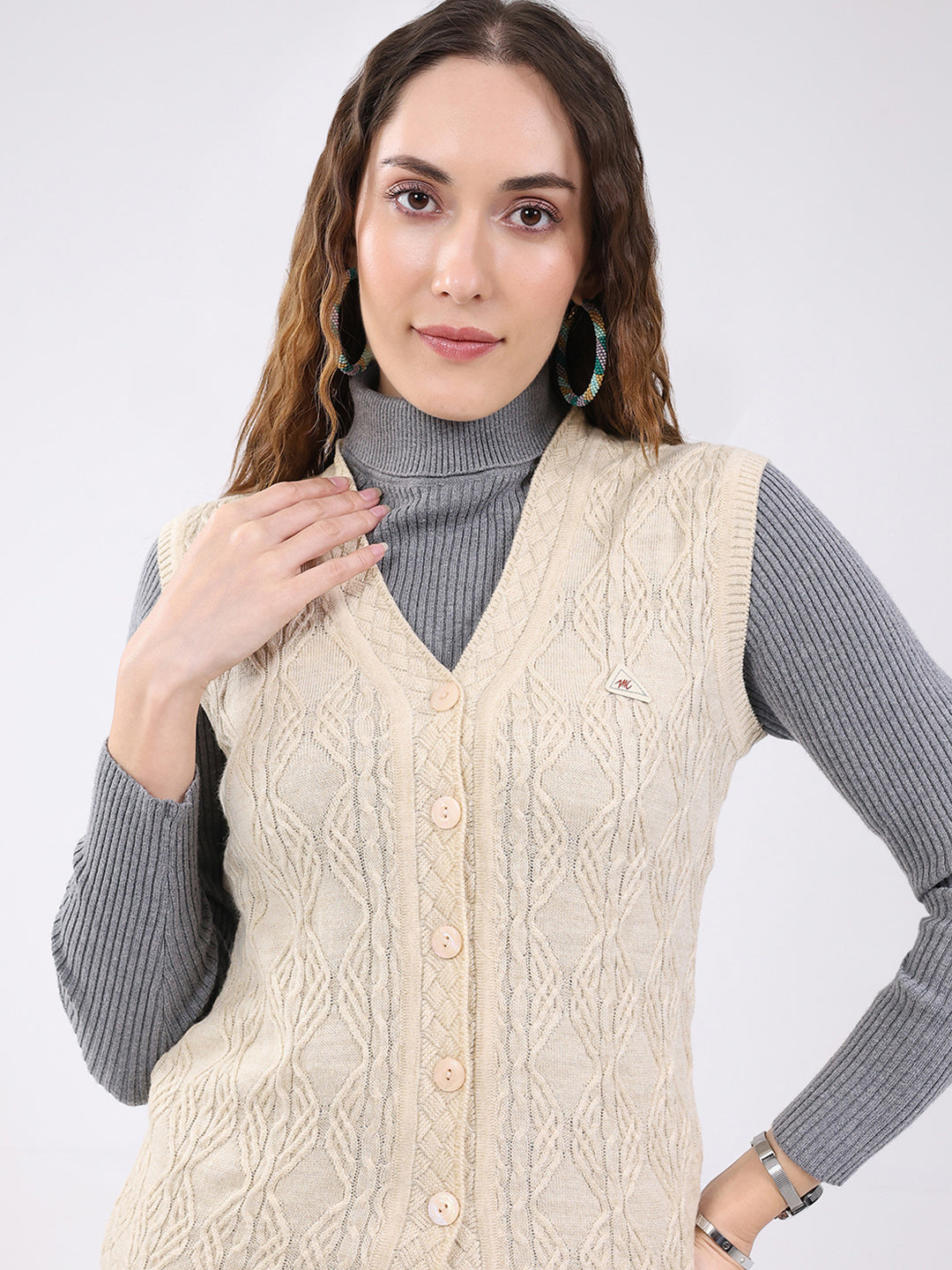 Women Beige Self Design V Neck Sleeveless Cardigan