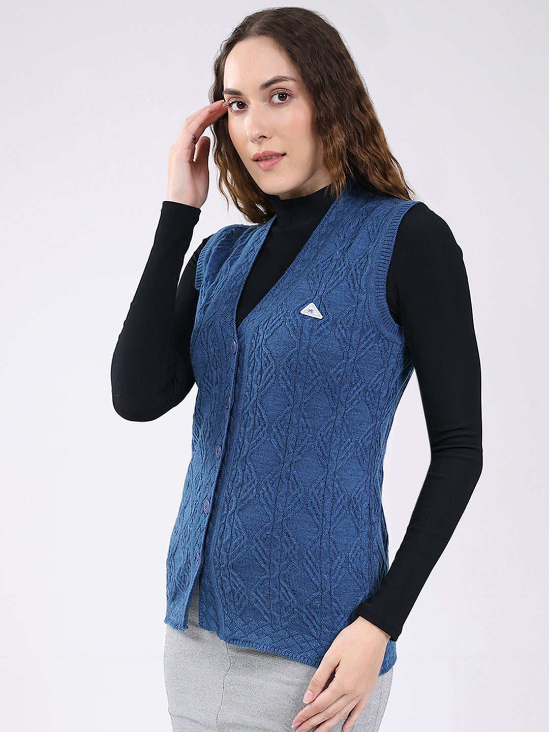 Women Blue Self Design V Neck Sleeveless Cardigan