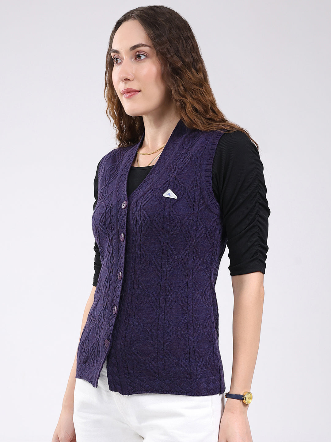 Women Purple Self Design V Neck Sleeveless Cardigan