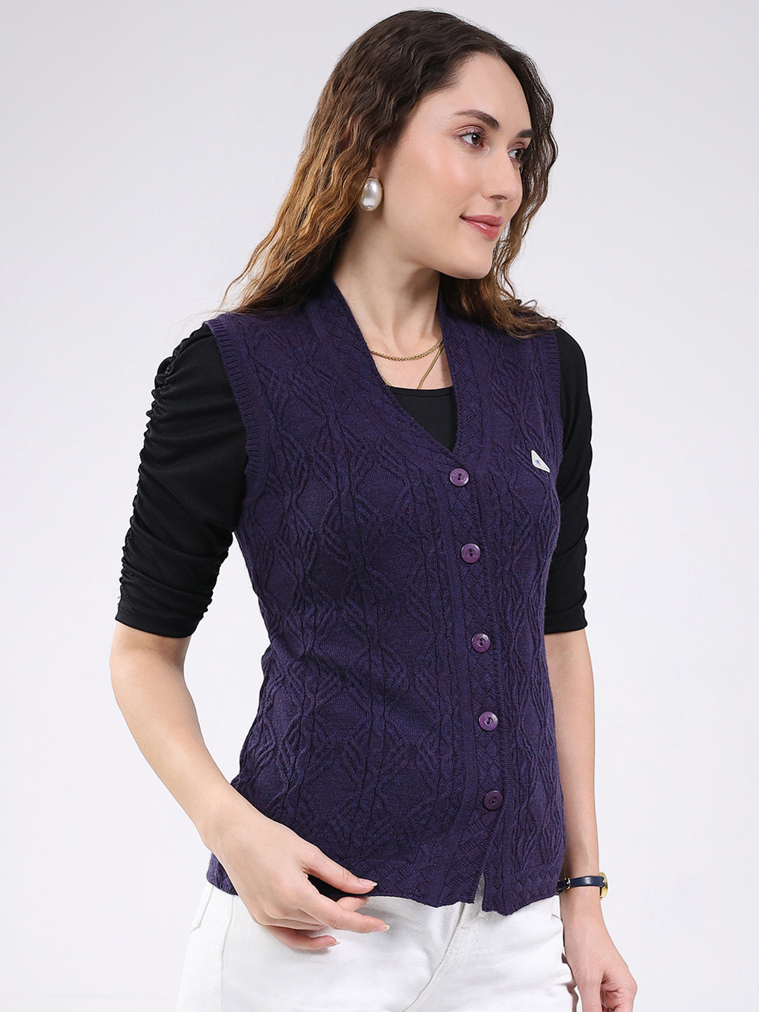Women Purple Self Design V Neck Sleeveless Cardigan
