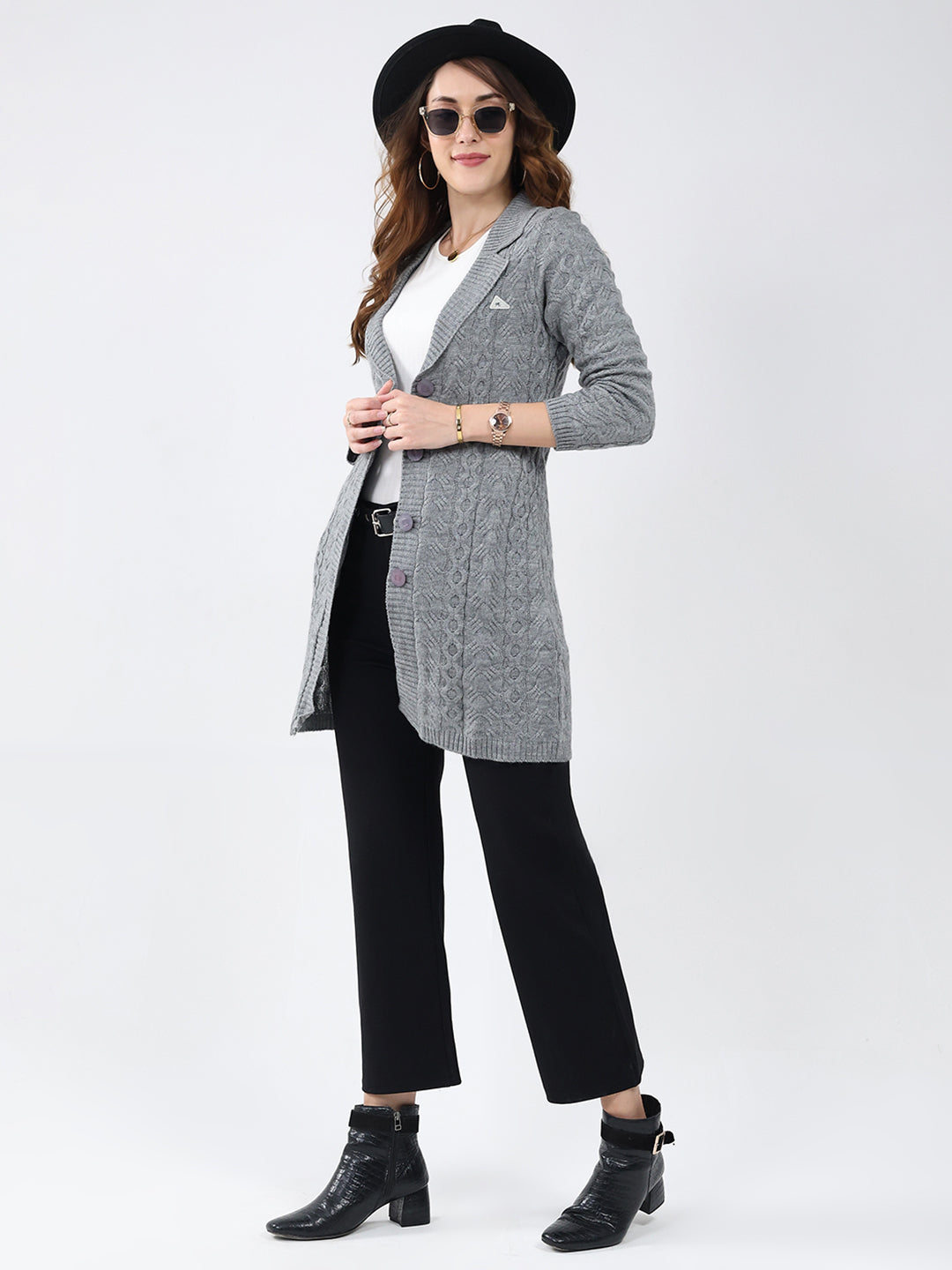 Women Grey Self Design Notch Lapel Collar Full Sleeve Cardigan