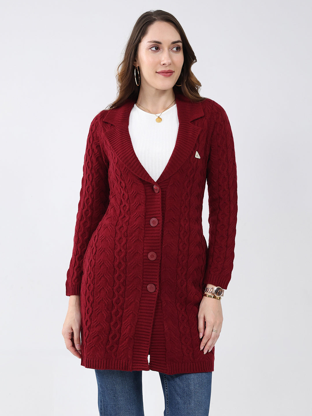 Women Maroon Self Design Notch Lapel Collar Full Sleeve Cardigan