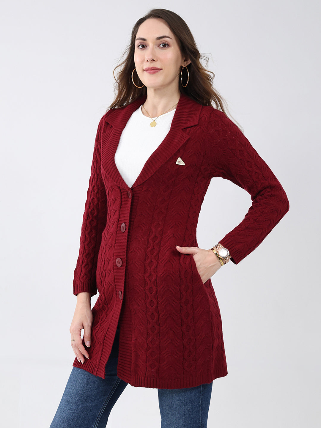Women Maroon Self Design Notch Lapel Collar Full Sleeve Cardigan