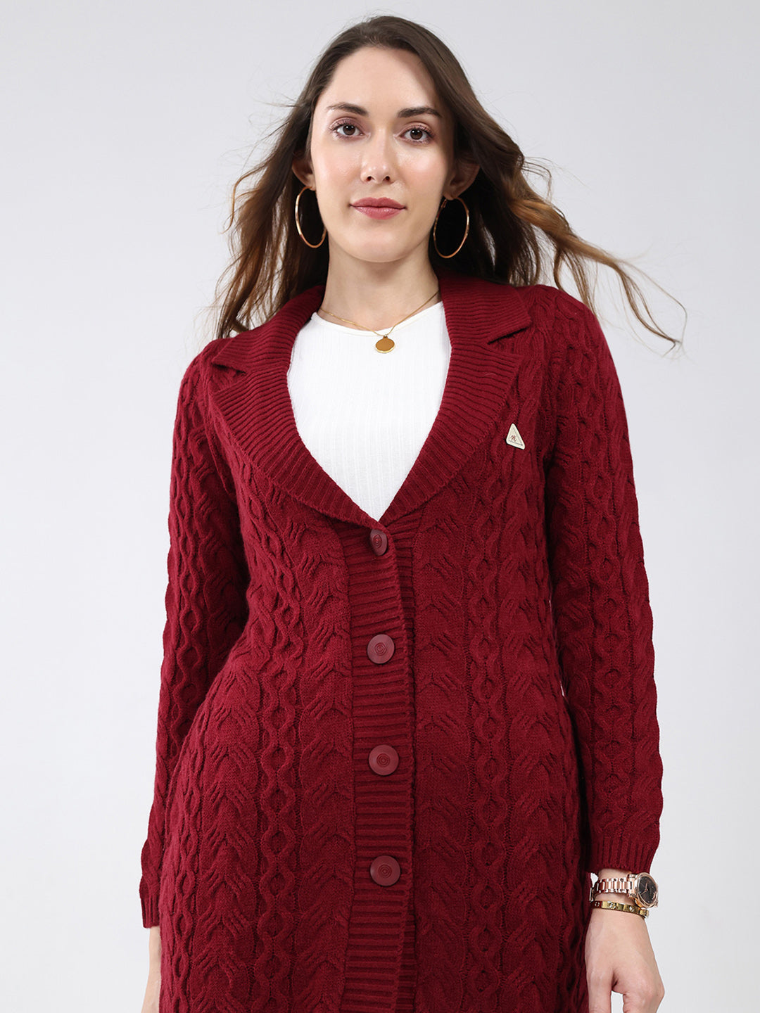 Women Maroon Self Design Notch Lapel Collar Full Sleeve Cardigan