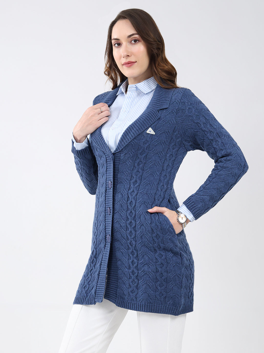 Women Blue Self Design Notch Lapel Collar Full Sleeve Cardigan