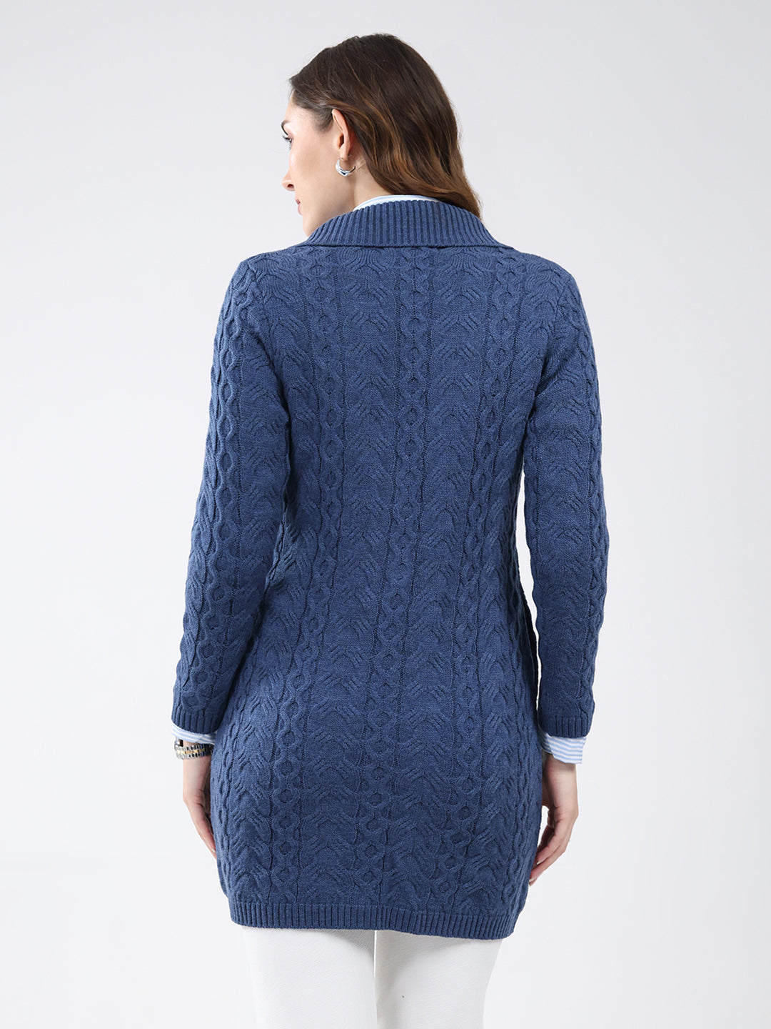 Women Blue Self Design Notch Lapel Collar Full Sleeve Cardigan
