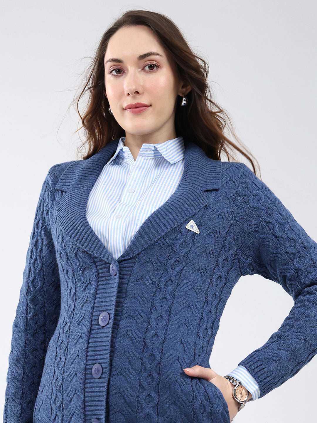 Women Blue Self Design Notch Lapel Collar Full Sleeve Cardigan