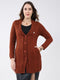 Women Brown Self Design Notch Lapel Collar Full Sleeve Cardigan