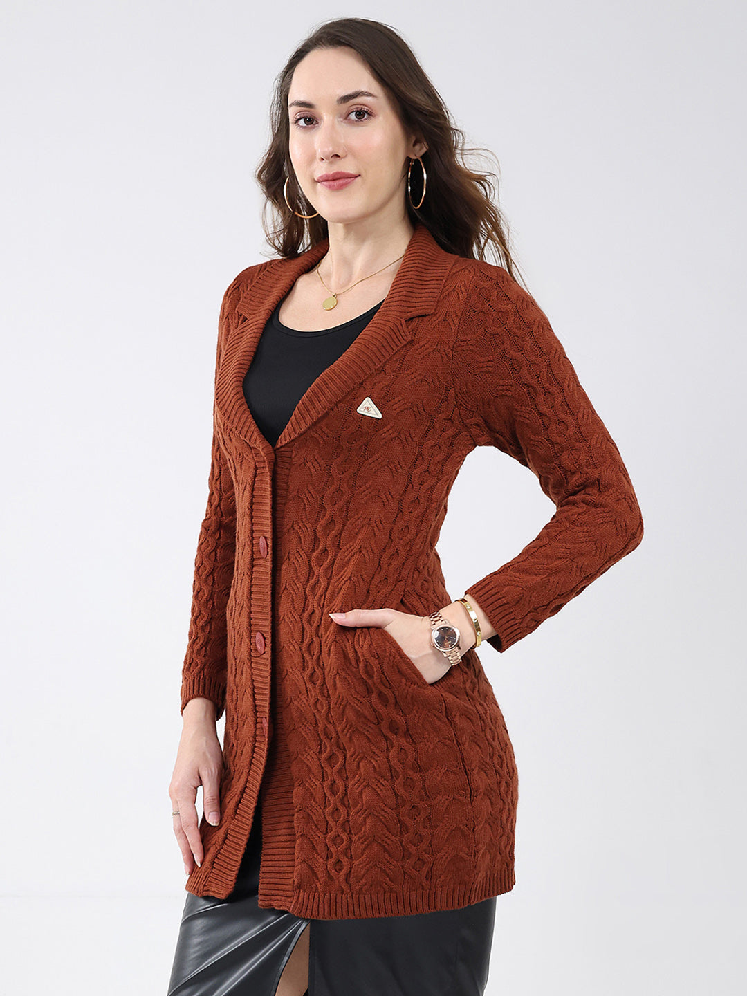 Women Brown Self Design Notch Lapel Collar Full Sleeve Cardigan