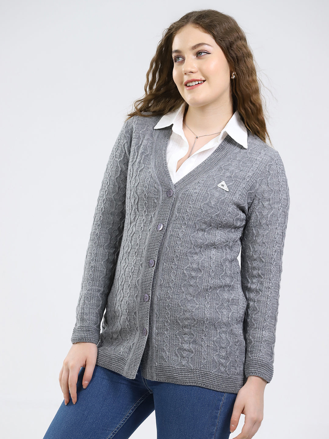 Women Grey Self Design V Neck Full Sleeve Cardigan