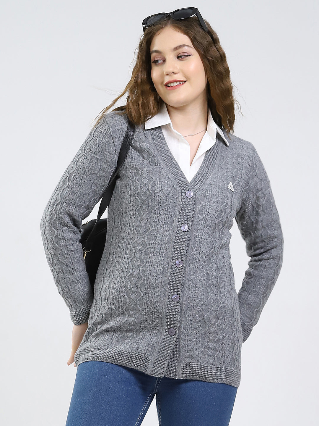 Women Grey Self Design V Neck Full Sleeve Cardigan