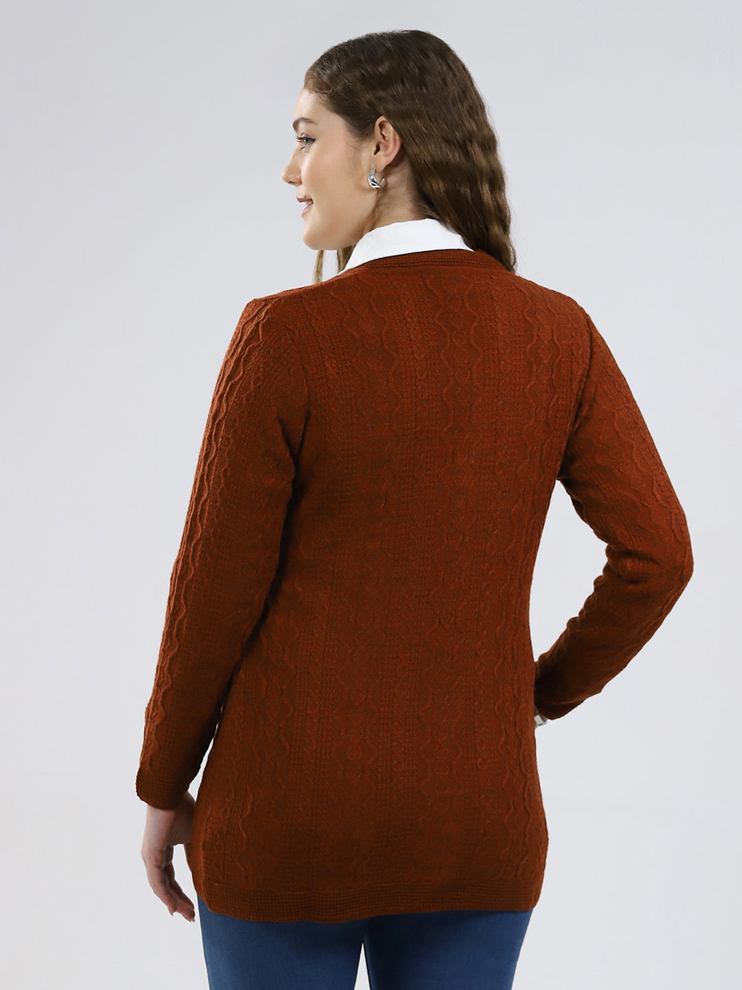 Women Rust Self Design V Neck Full Sleeve Cardigan