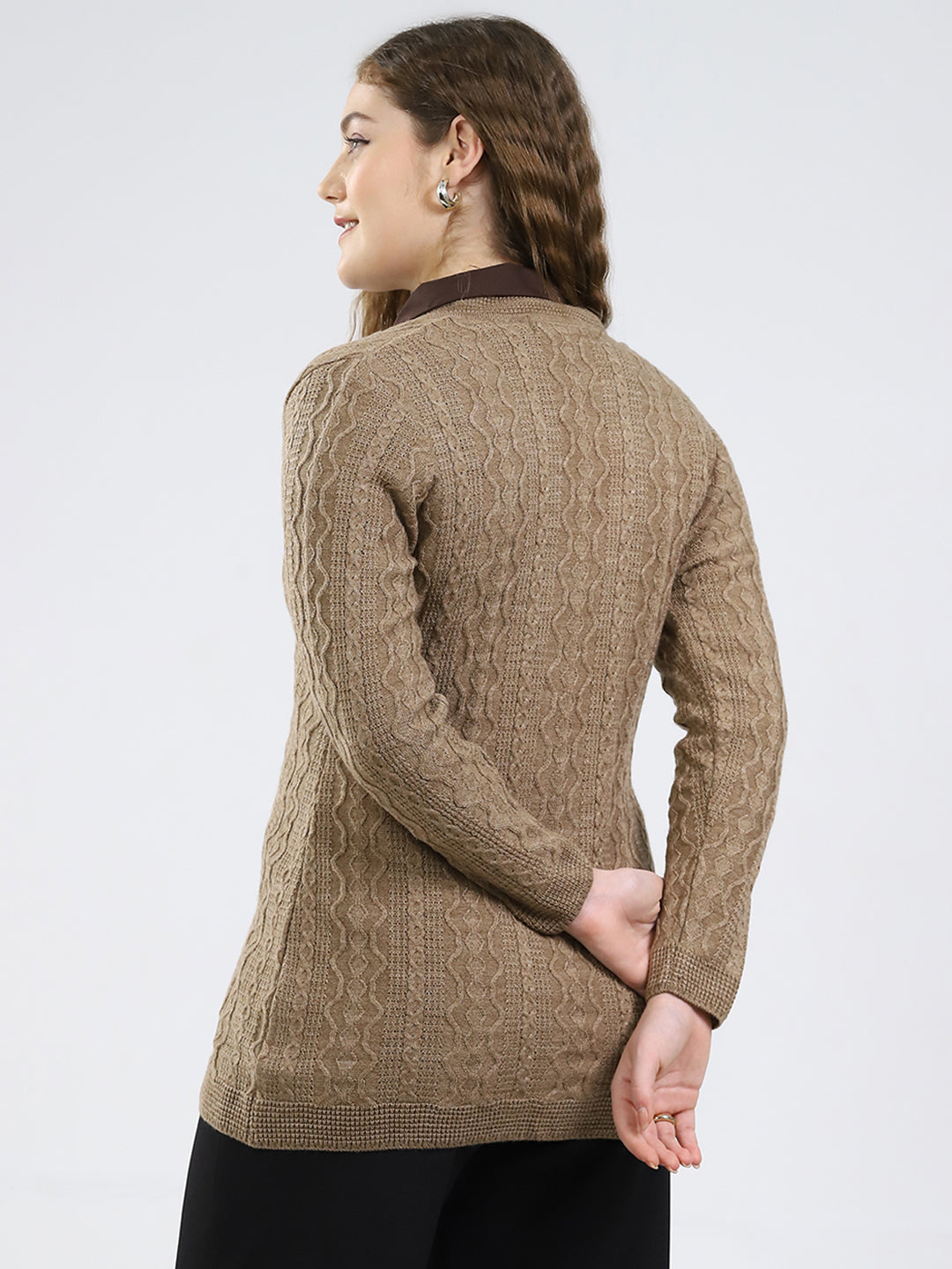 Women Brown Self Design V Neck Full Sleeve Cardigan