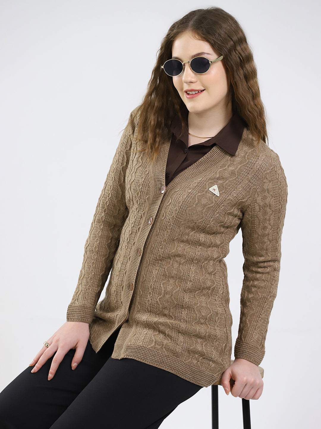 Women Brown Self Design V Neck Full Sleeve Cardigan