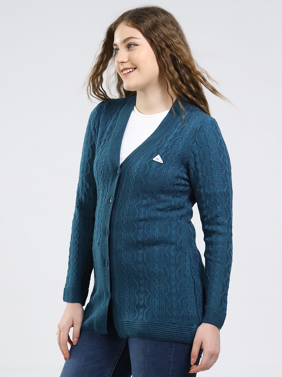 Women Teal Blue Self Design V Neck Full Sleeve Cardigan