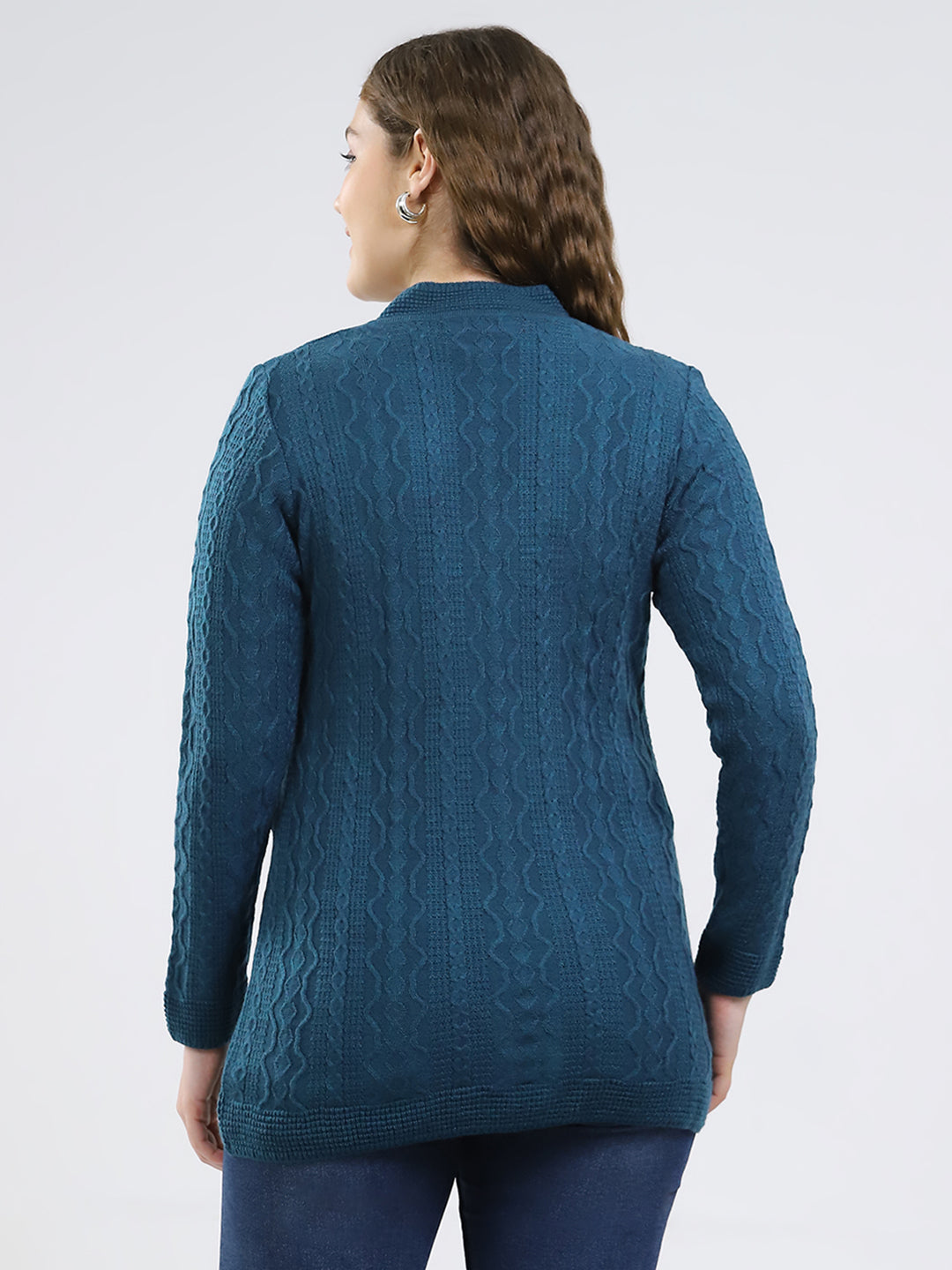 Women Teal Blue Self Design V Neck Full Sleeve Cardigan