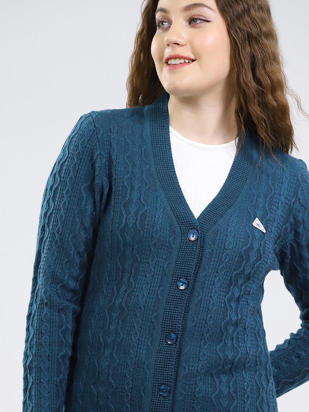 Women Teal Blue Self Design V Neck Full Sleeve Cardigan
