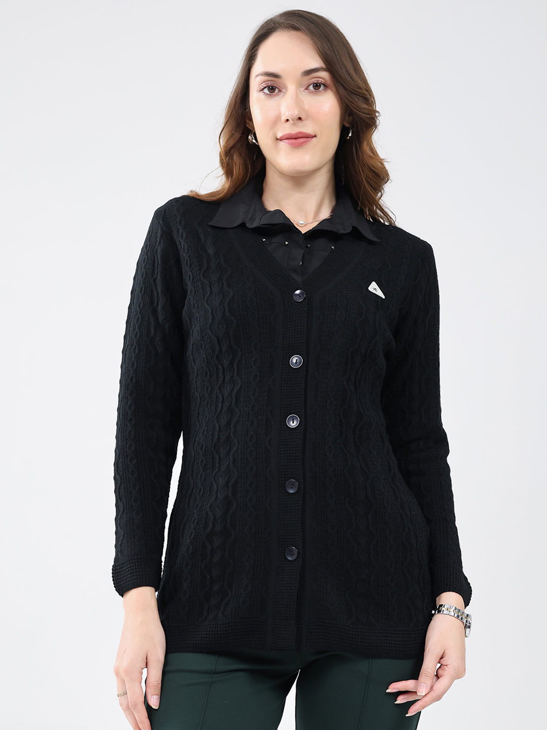 Women Black Self Design V Neck Full Sleeve Cardigan