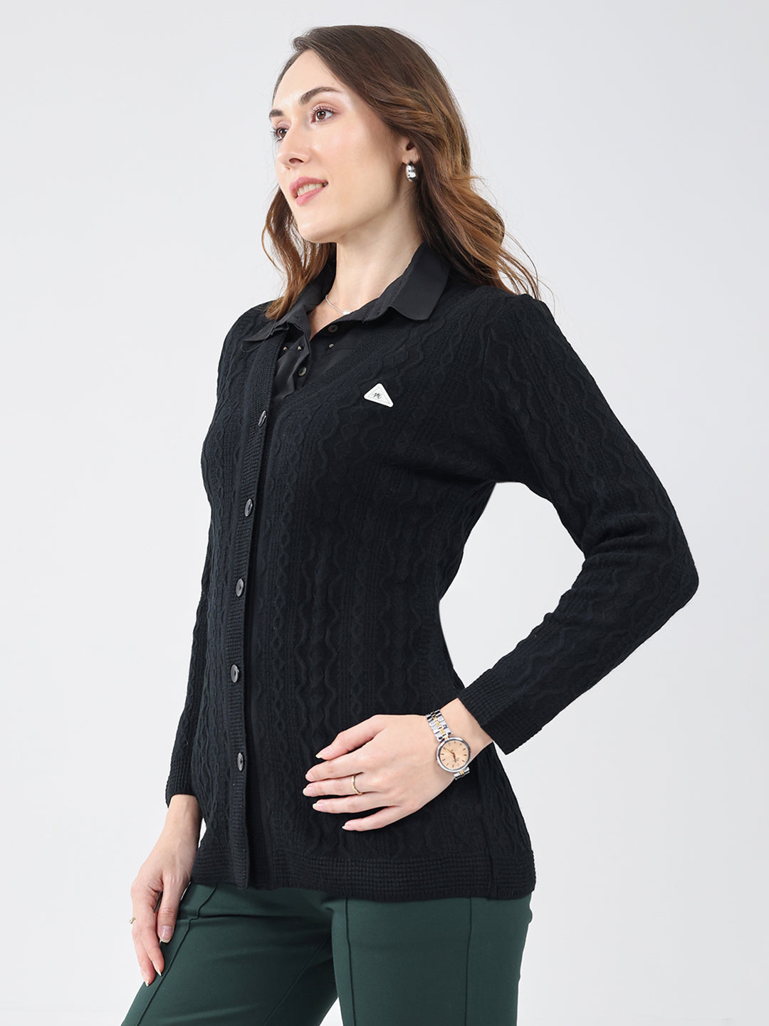Women Black Self Design V Neck Full Sleeve Cardigan