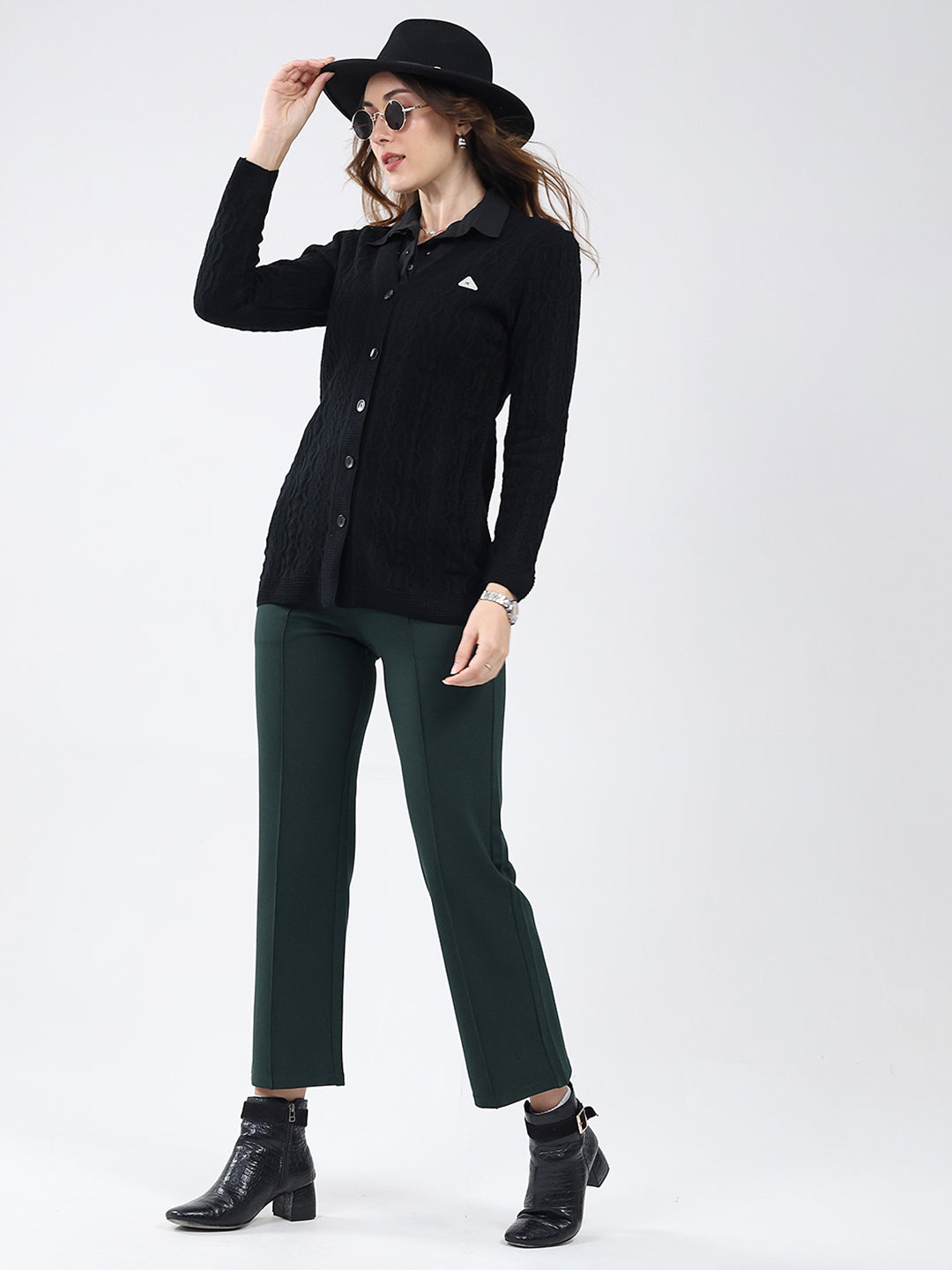 Women Black Self Design V Neck Full Sleeve Cardigan