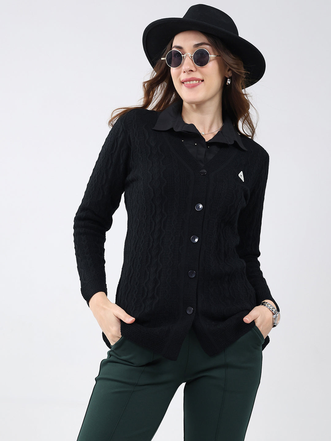 Women Black Self Design V Neck Full Sleeve Cardigan