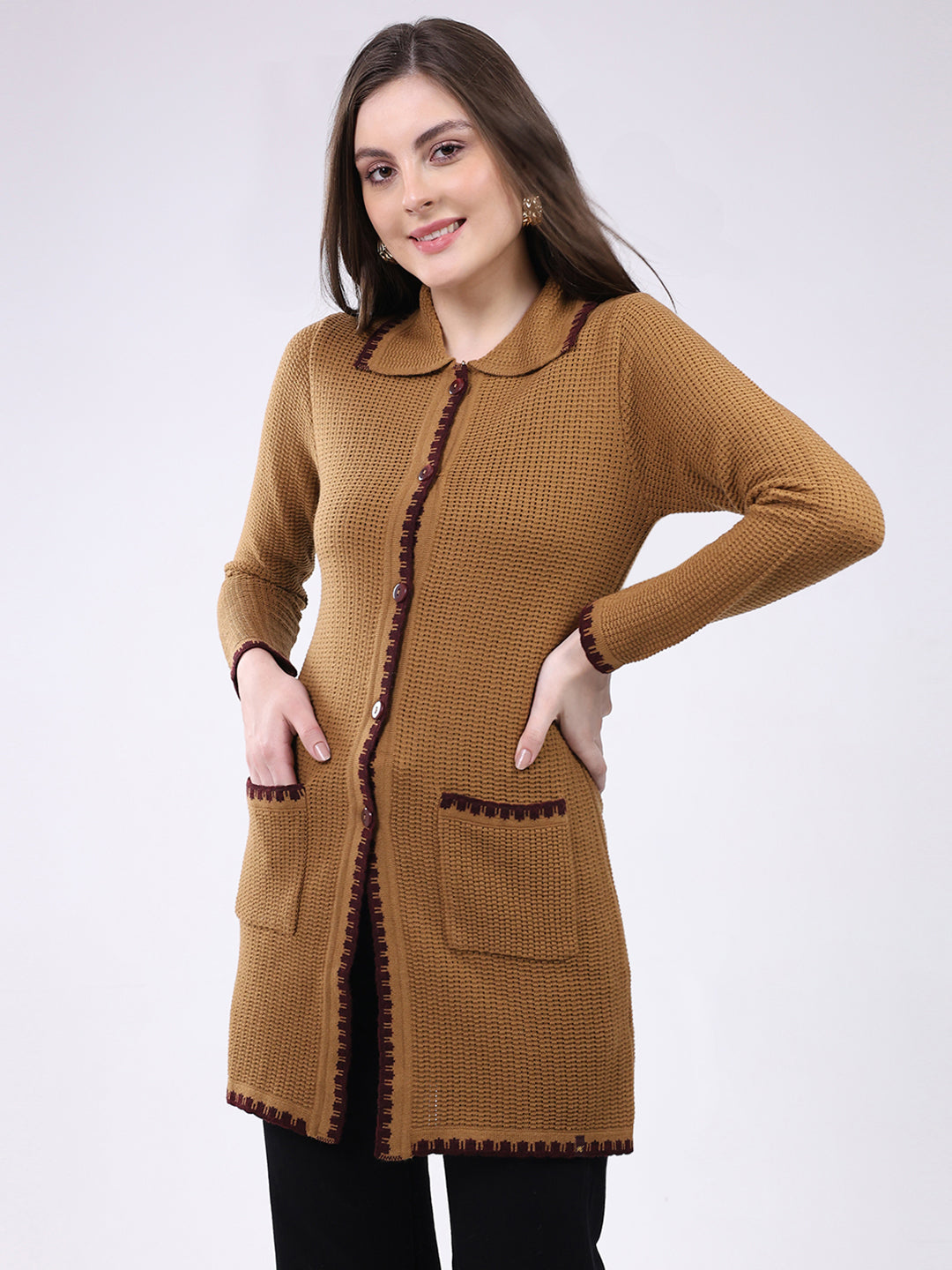 Women Mustard Self Design Collar Full Sleeve Cardigan