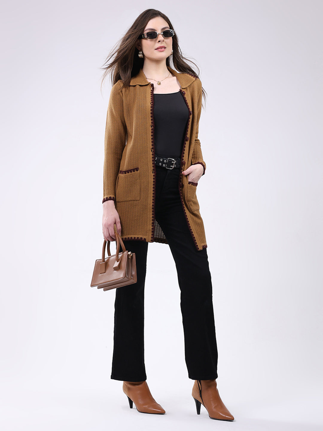 Women Mustard Self Design Collar Full Sleeve Cardigan