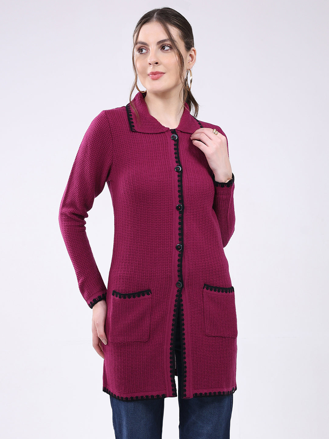 Women Magenta Self Design Collar Full Sleeve Cardigan