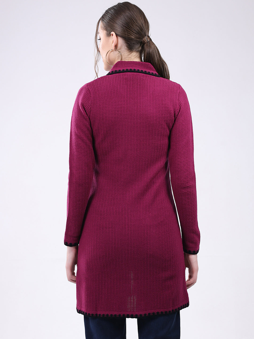 Women Magenta Self Design Collar Full Sleeve Cardigan