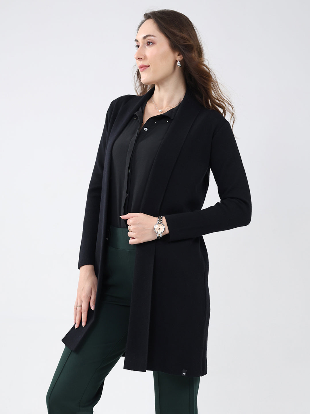 Women Black Self Design Collar Full Sleeve Cardigan