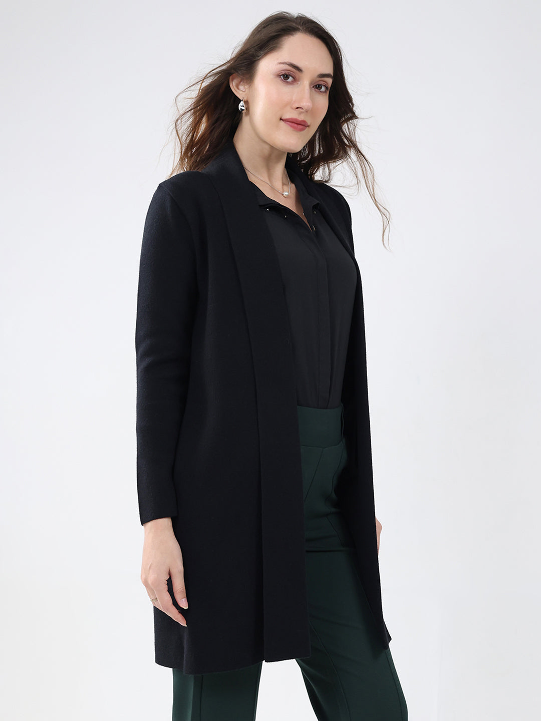 Women Black Self Design Collar Full Sleeve Cardigan